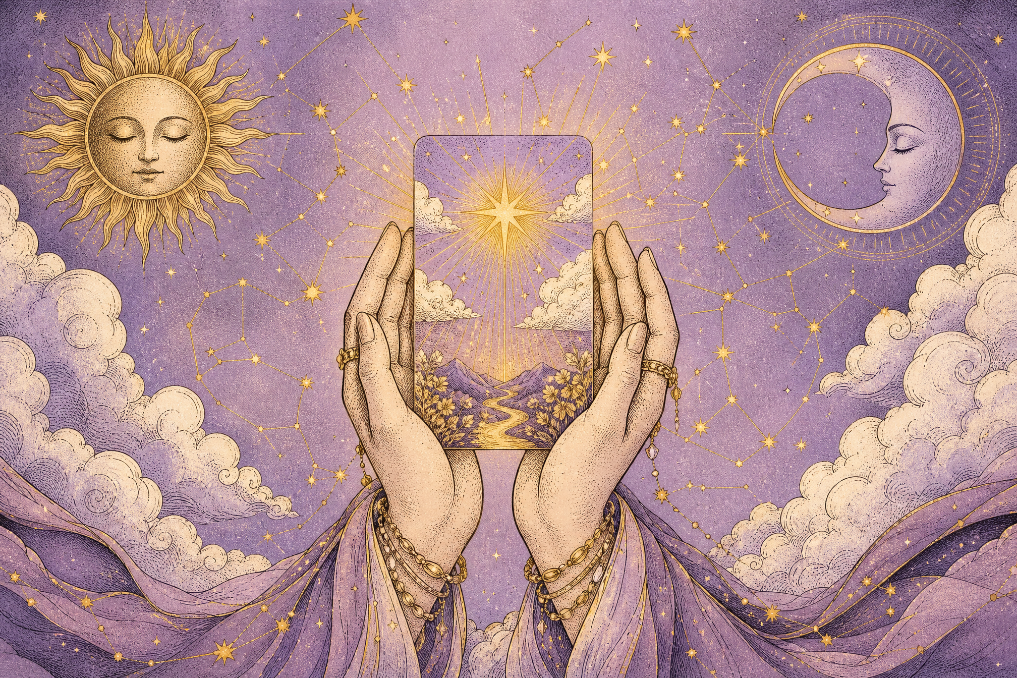 A Lunara-style illustration of a glowing tarot card held in a pair of open palms, with fine lines of light and small stars streaming outward from it