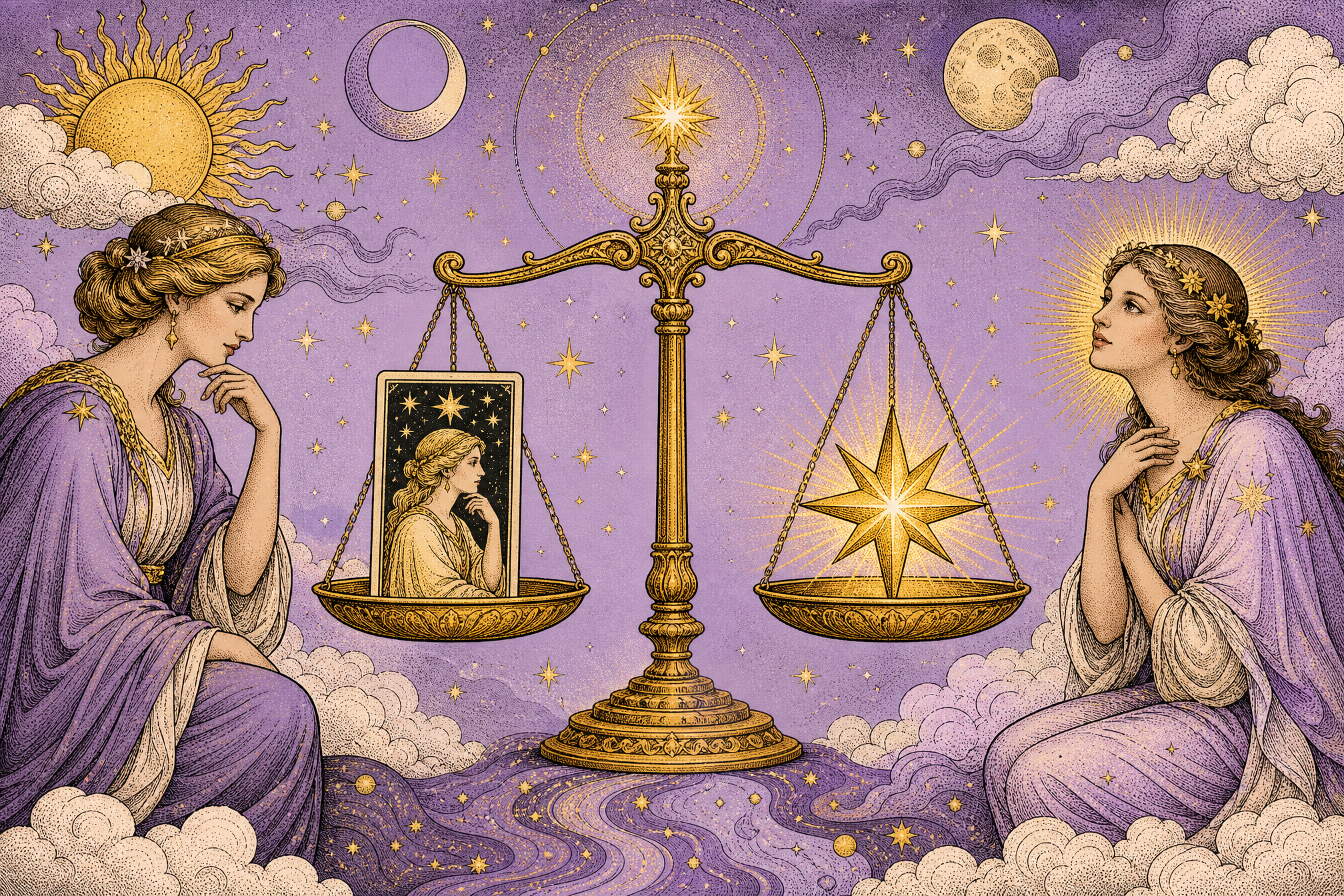 A Lunara-style illustration of balanced golden scales, holding a single tarot card in one pan and a small glowing star in the other