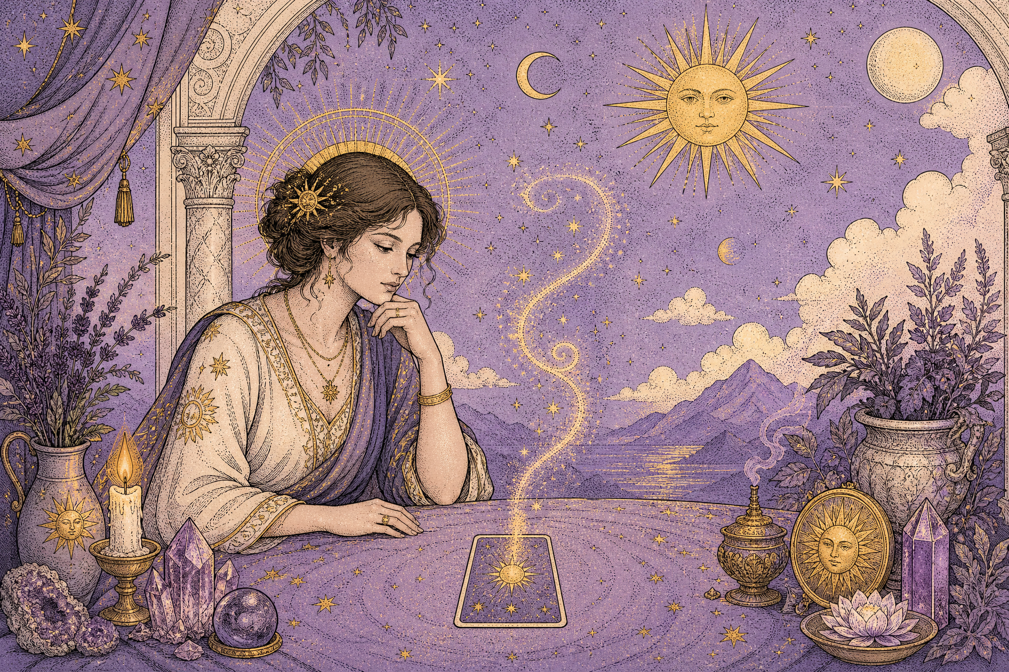 Иллюстрация в стиле Lunara: задумчивая фигура перед одной картой, от которой поднимается спираль из маленьких звёзд.