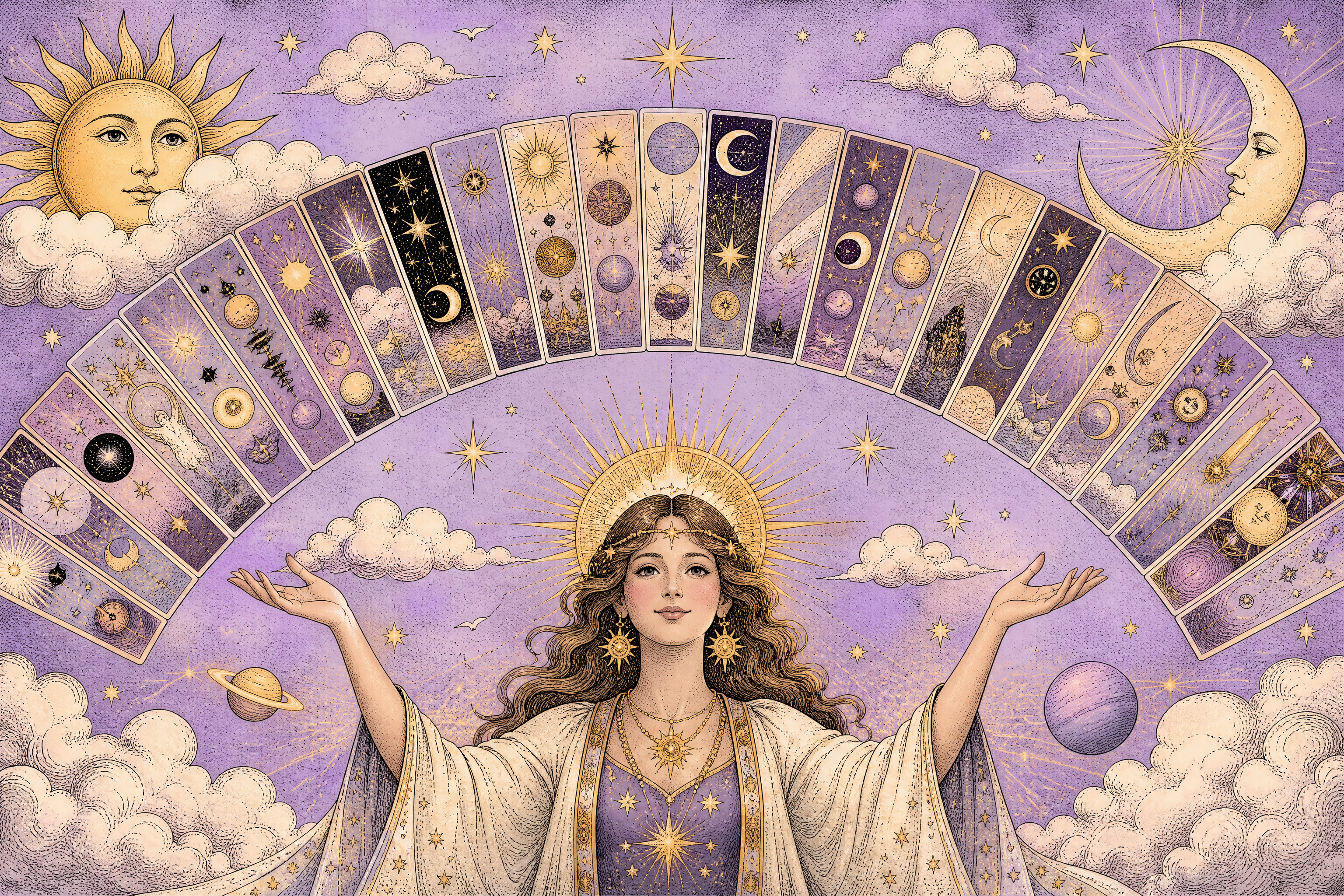 Lunara-style illustration of a wide arc of tarot cards fanned out above a pair of open palms