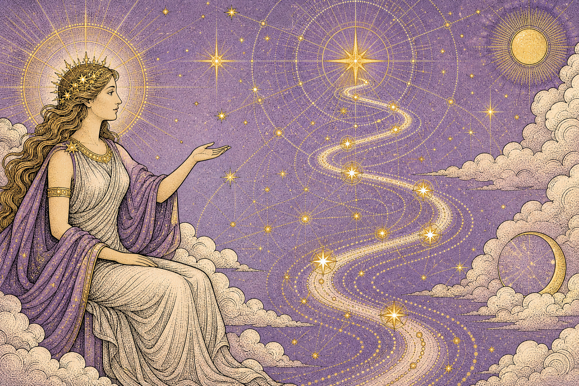 Иллюстрация в стиле Lunara: геометрическая звёздная карта и спираль чисел жизненного пути из точек и золотых линий на фиолетовом небе