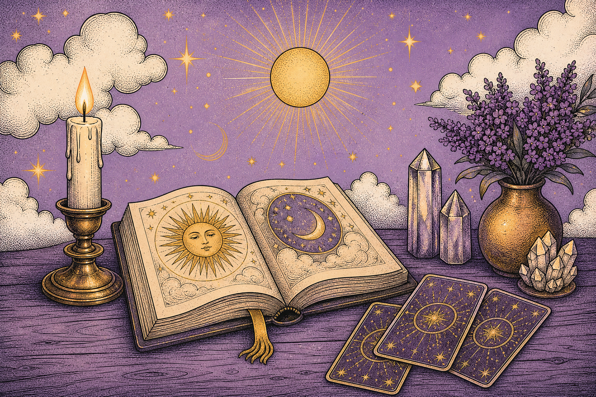 Спокойная иллюстрация в стиле Lunara, на которой изображены старинная раскрытая книга, зажжённая свеча и несколько карт на деревянном столе в тёплом свете