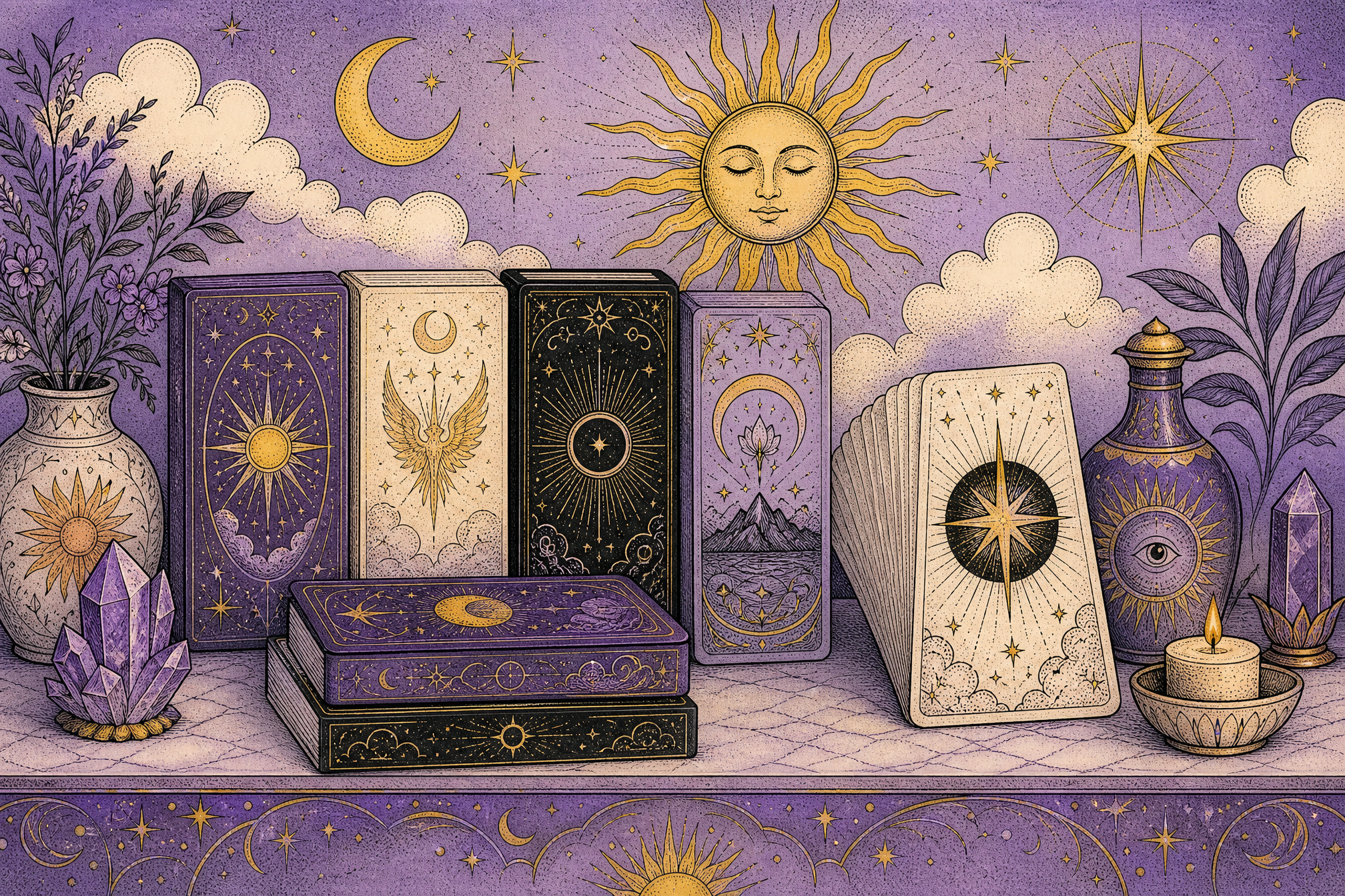 A Lunara-style illustration of several closed tarot decks standing side by side on a wooden table, with one deck fanned open beside them
