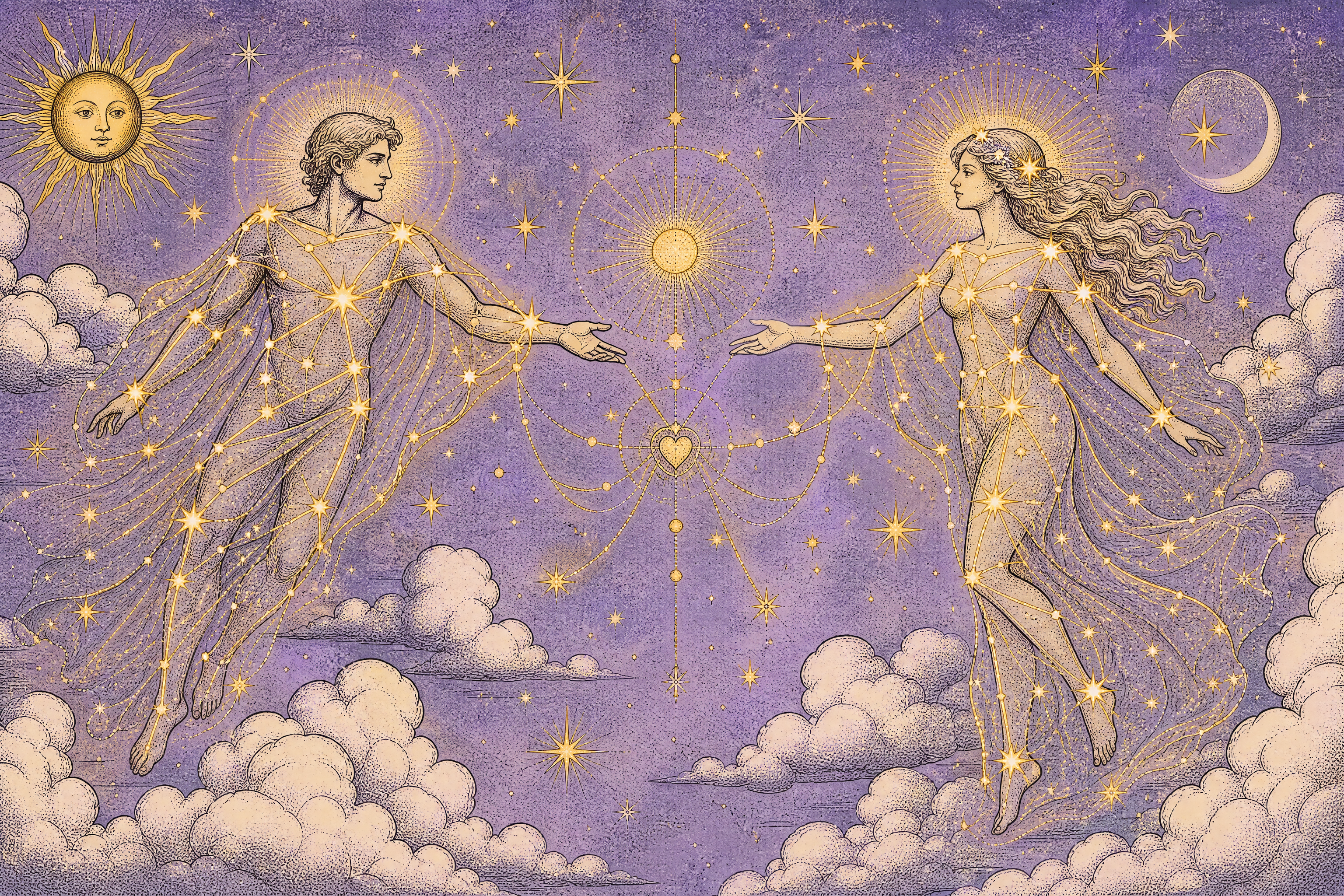 Lunara-style illustration of two constellation figures made of stars facing each other across a violet night sky, joined by threads of gold