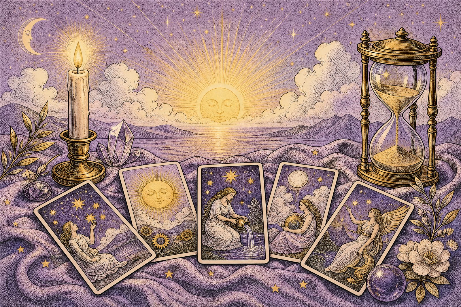 Tarot cards scattered beside a lit candle and an hourglass, an urgent moment settling into clarity
